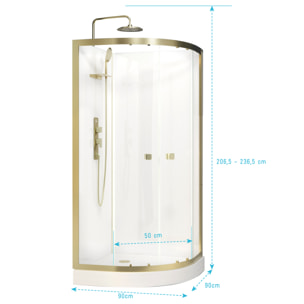 Cabine de douche 1/4 de cercle 90x90x206.5/236.5cm Blanche et Profilés Or Brossé - Receveur standard