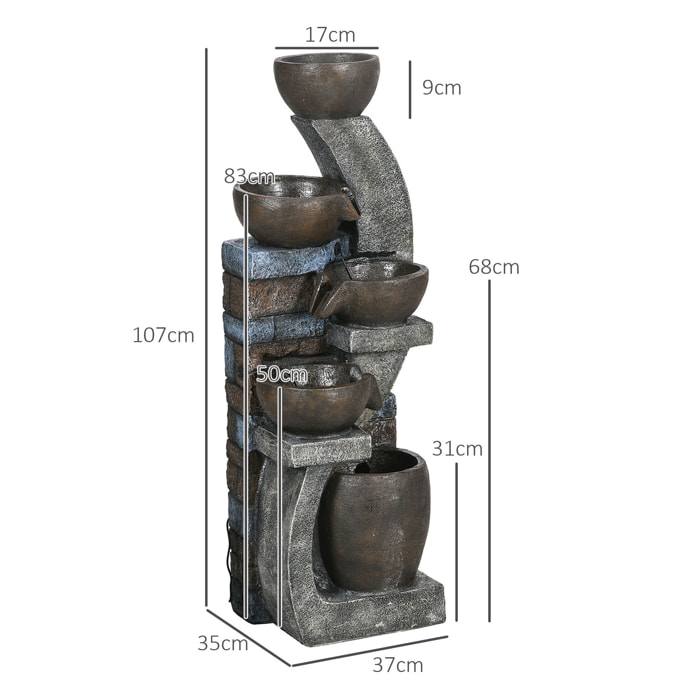 Fontaine d'eau extérieure 5 niveaux, fontaine de jardin avec lumières LED, panneau solaire 3,7 kW, pompe, débit de 450L/h, en résine, gris et marron