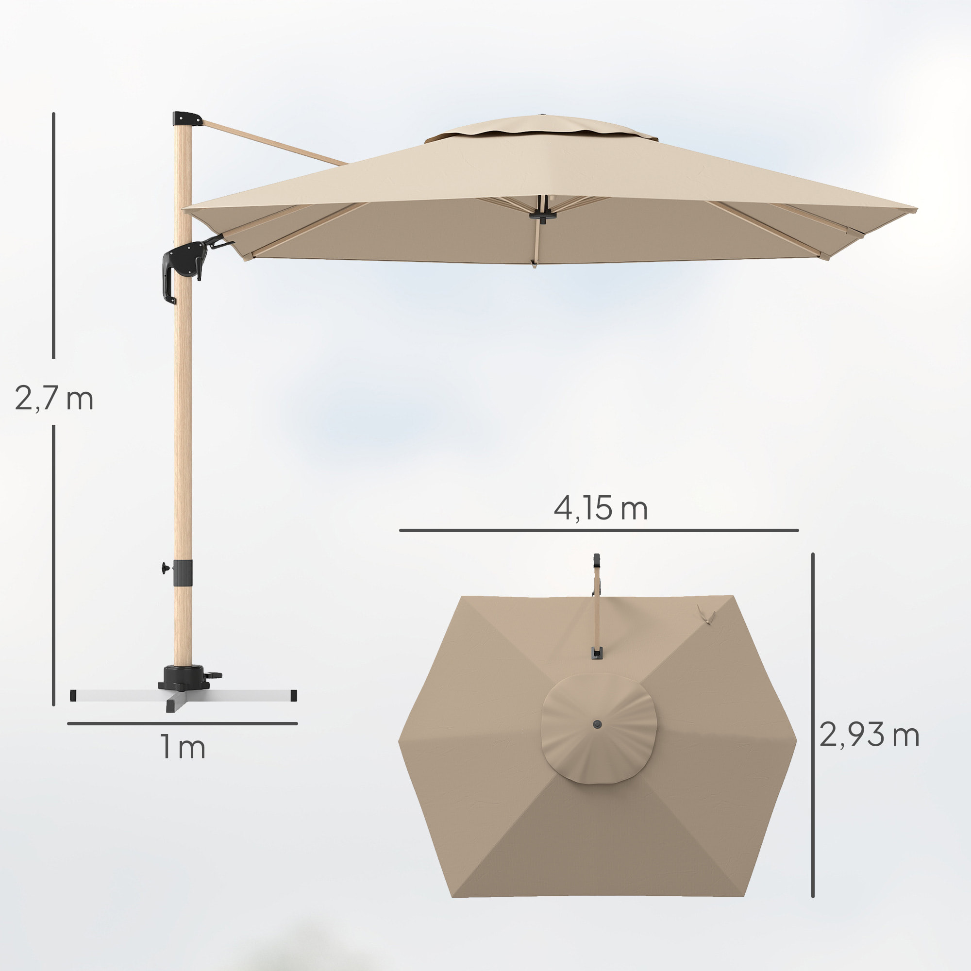 Parasol déporté hexagonal inclinable pivotant dim. 4,2L x 3l x 2,7H m alu effet bois polyester anti-UV UPF50+ kaki