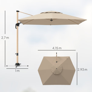 Parasol déporté hexagonal inclinable pivotant dim. 4,2L x 3l x 2,7H m alu effet bois polyester anti-UV UPF50+ kaki