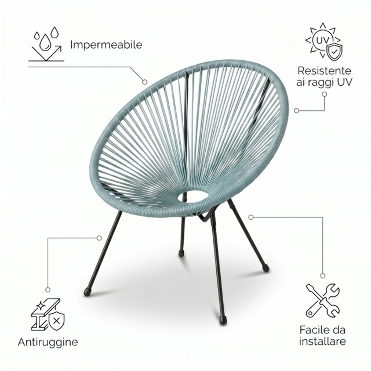 Sedia da giardino in acciaio e vimini sintetico multistring, poltrona outdoor, design moderno, resistente a UV e acqua, antiruggine e facile da montare, seduta ergonomica e traspirante, ideale per balcone terrazzo e giardino.