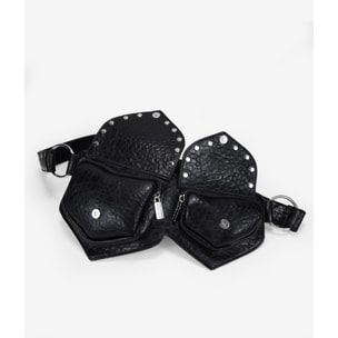 Riñonera negra con doble bolsillo y solapas