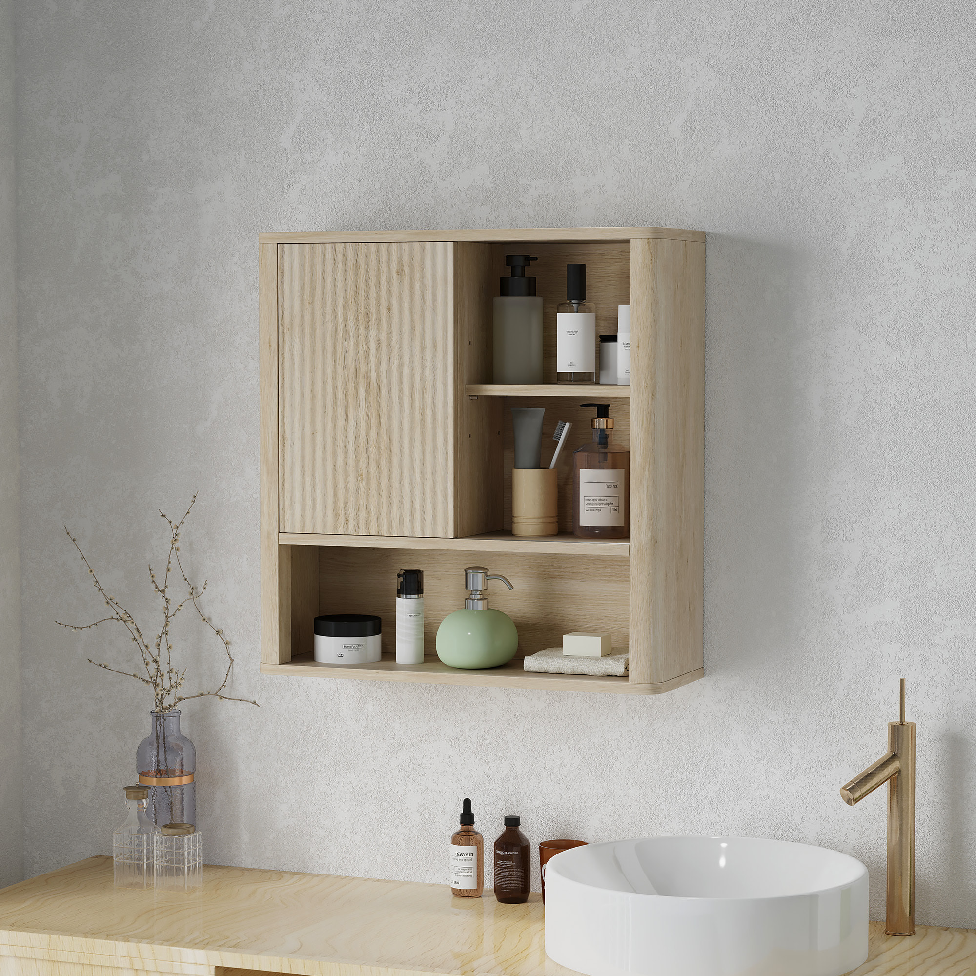 Armoire murale de salle de bain style bohème chic - porte coulissante, étagère, niche - effet bois clair