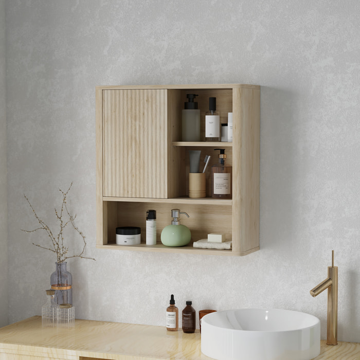 Armoire murale de salle de bain style bohème chic - porte coulissante, étagère, niche - effet bois clair