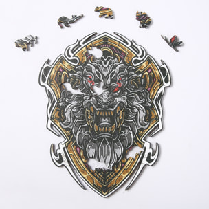 Puzzle 3D de madera DIY forma de silueta . Con piezas individuales con diferentes diseños. En madera policromada. Tamaño A3 .DISEÑO LEÓN.