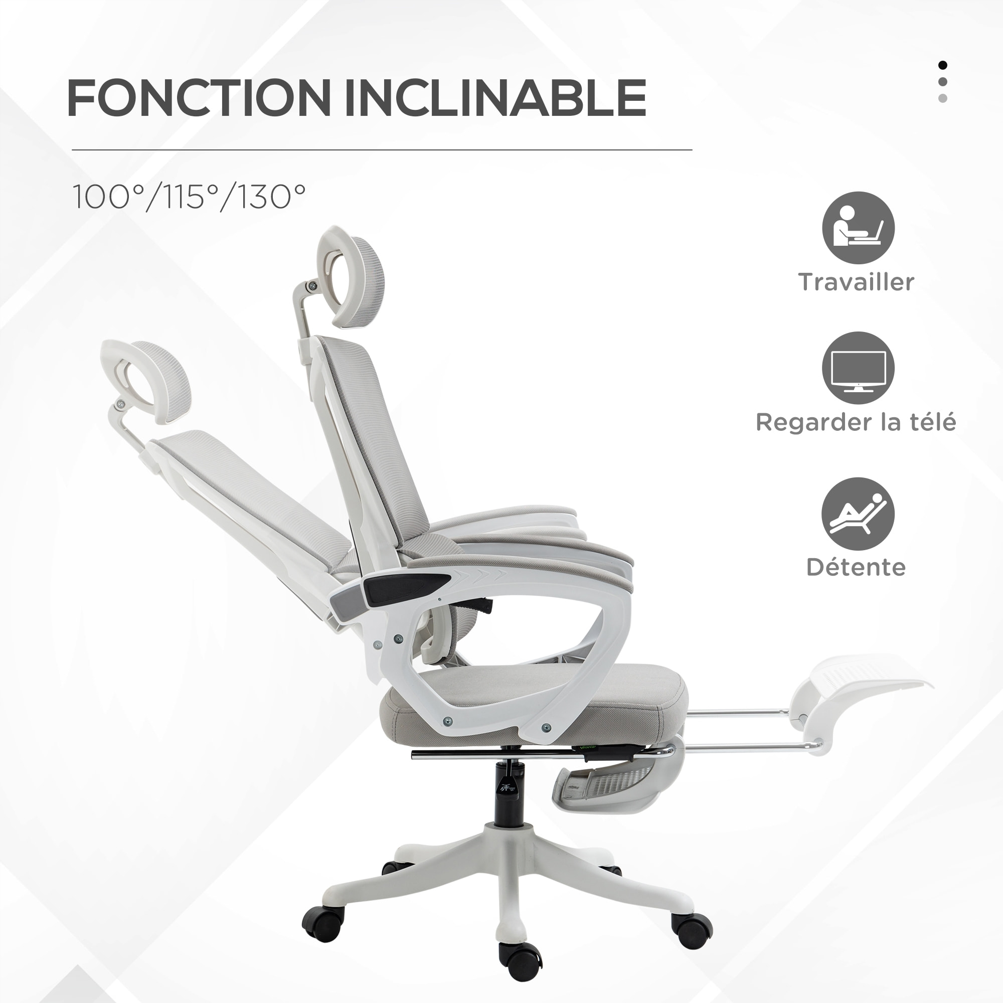 Fauteuil de bureau ergonomique inclinable réglable - repose-pied rétractable, support lombaires, tétière ajustable - blanc gris