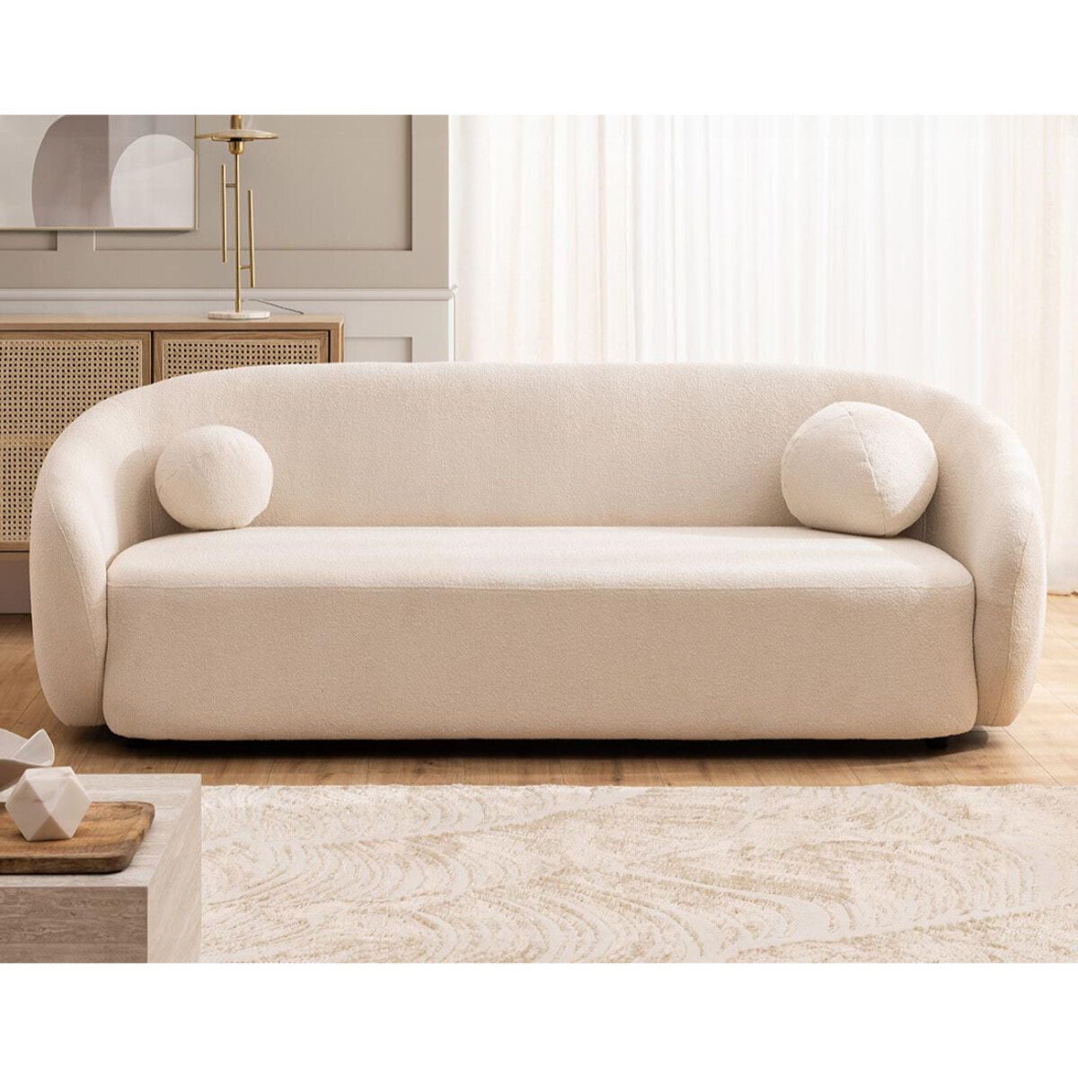 Flore - Canapé droit 3 places en tissu bouclette - Beige