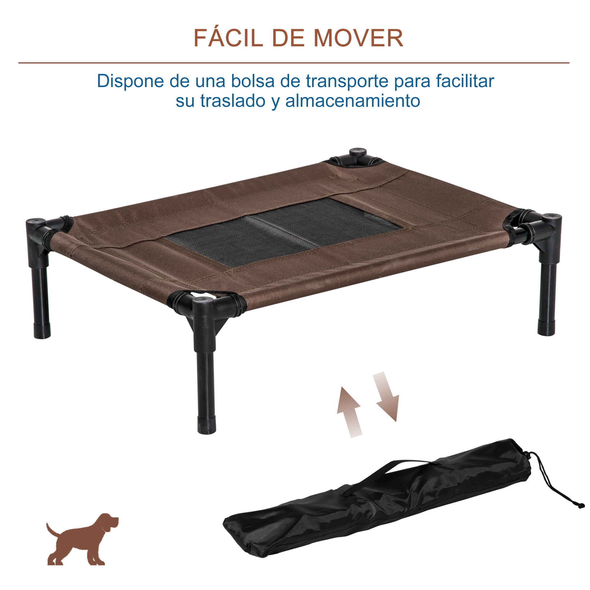 Cama Elevada para Perros Gatos Portátil Cama para Mascotas con Zona de Malla Transpirable y Tela Oxford Marco de Acero para Interior Exterior 61x46x18 cm Marrón