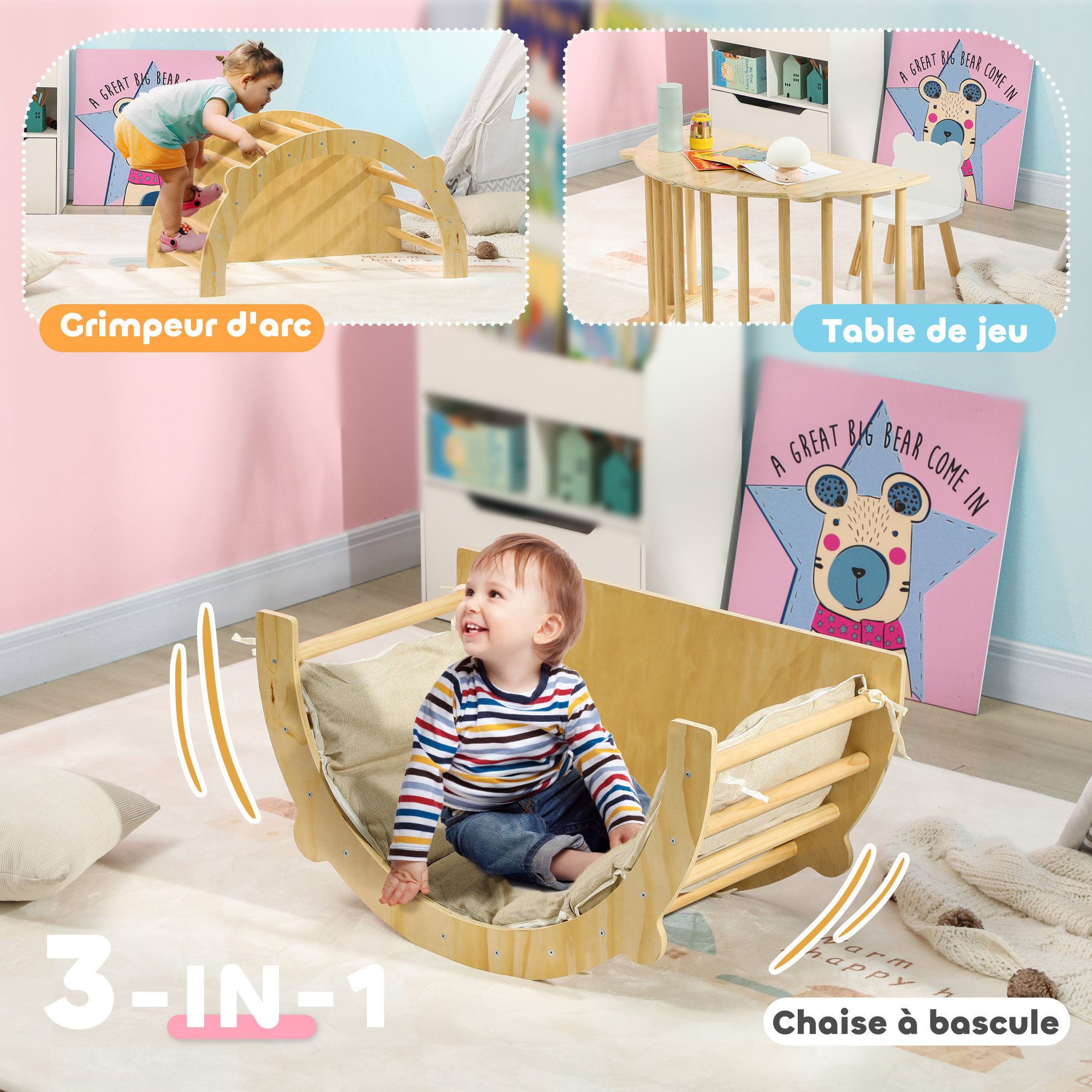 Ensemble d'escalade en bois 3 en 1 - arche, bascule, table - coussin inclus - panneaux bois pin