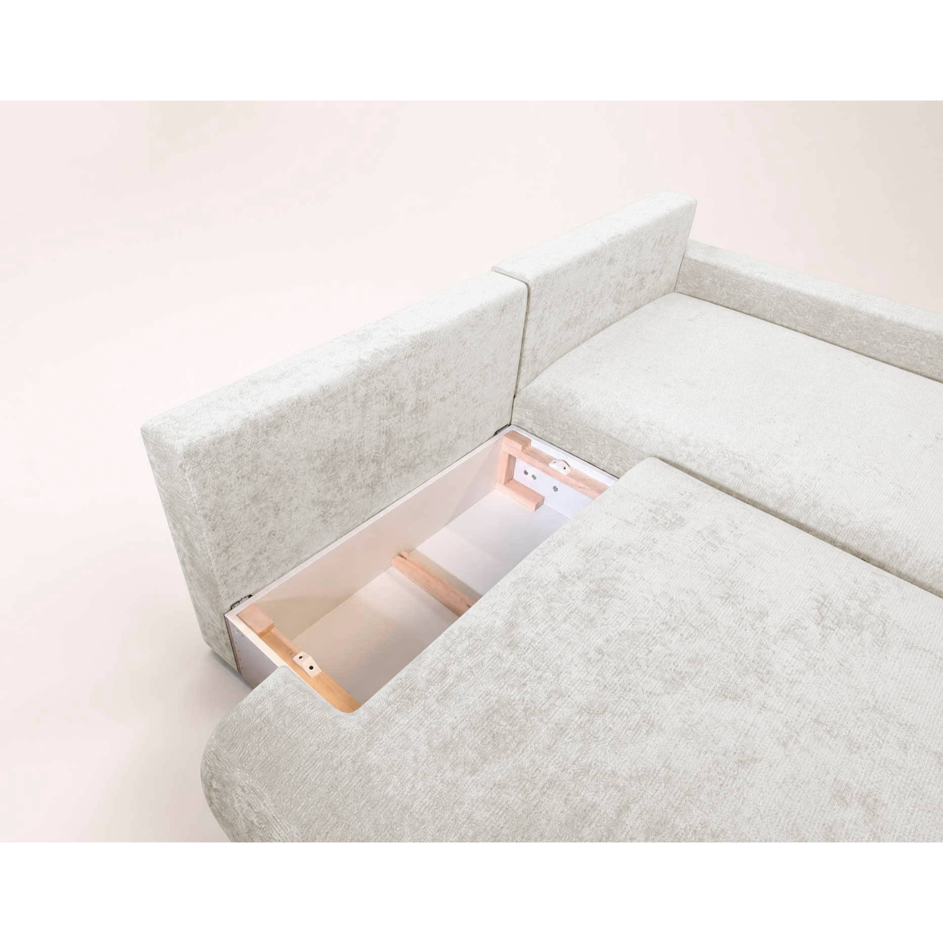Pivoine - Canapé d'angle ouvert droit 4 places convertible avec coffre en tissu texturé - Beige