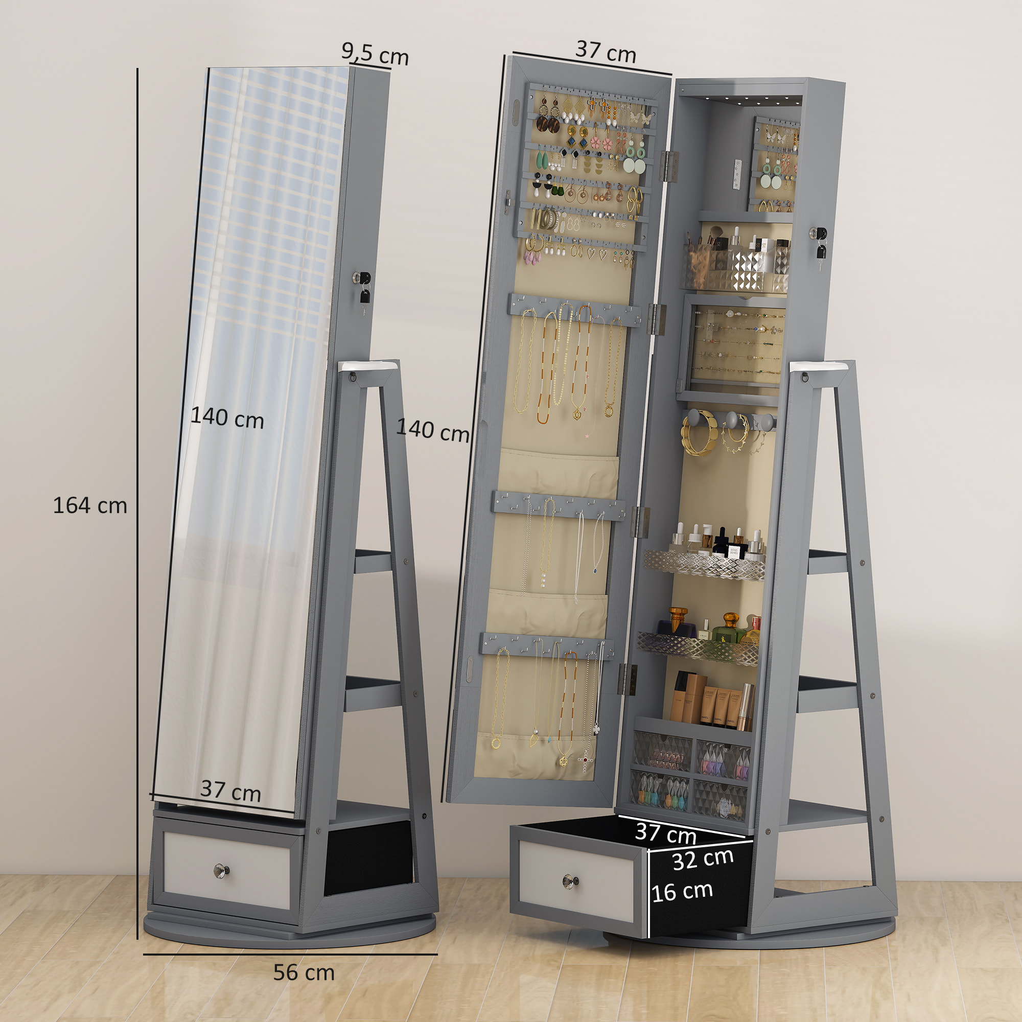 Espejo Joyero con Luces LED, Armario para Joyas, Armario Joyero con Espejo Entero, Giratorio de 360°, Cajón, Cerradura, Estantes Abiertos, Soporte para Secador, Gris Claro