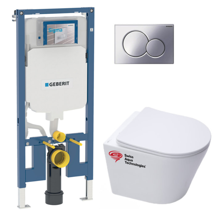 Pack WC Bati-support Geberit extra-plat + WC Swiss Aqua Technologies sans bride + plaque