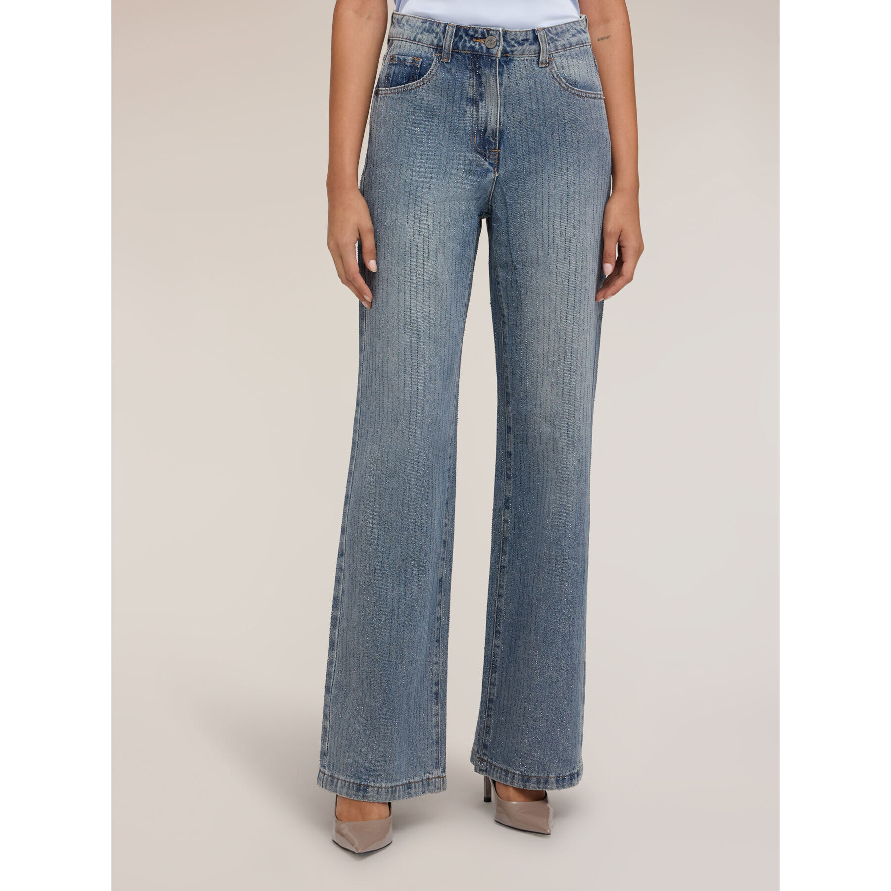Motivi - Jeans palazzo vita alta con strass - Azzurro
