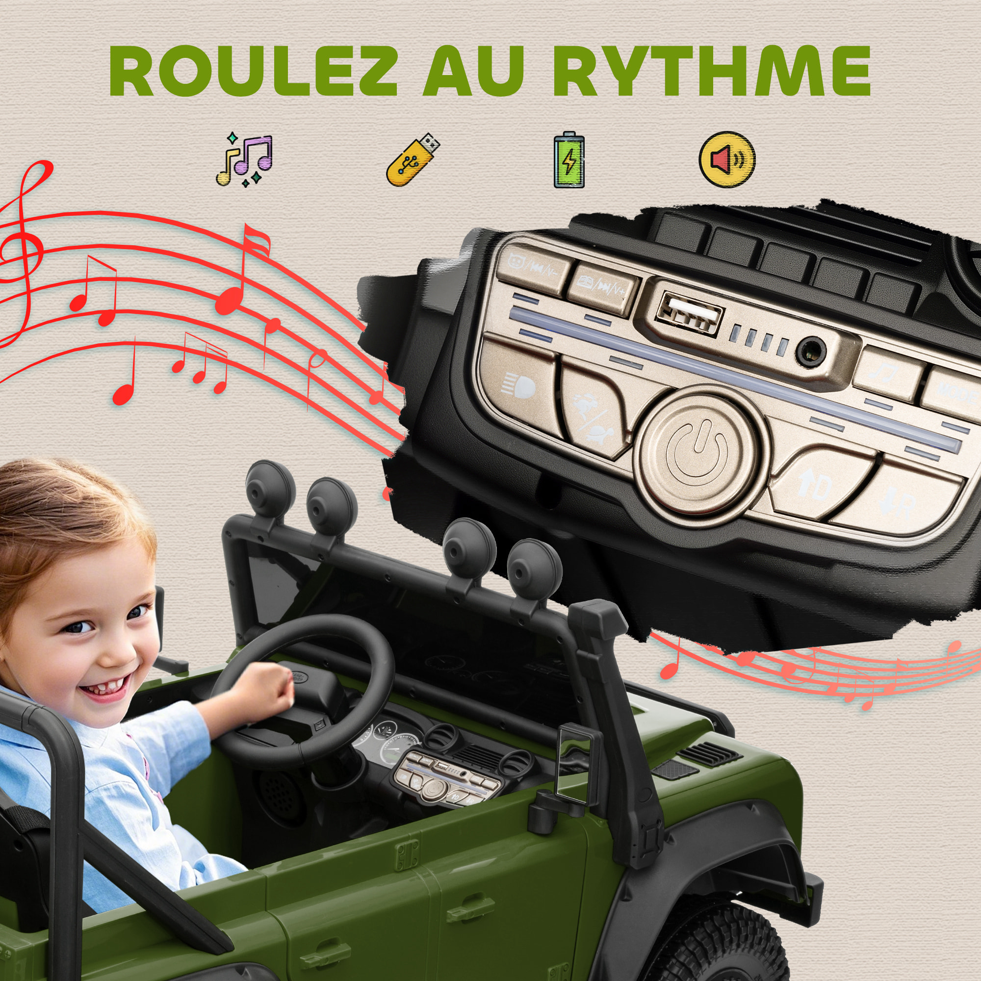 Voiture électrique enfant Land Rover Defender 110 SVX 12V 5Km/h max. télécommande vert