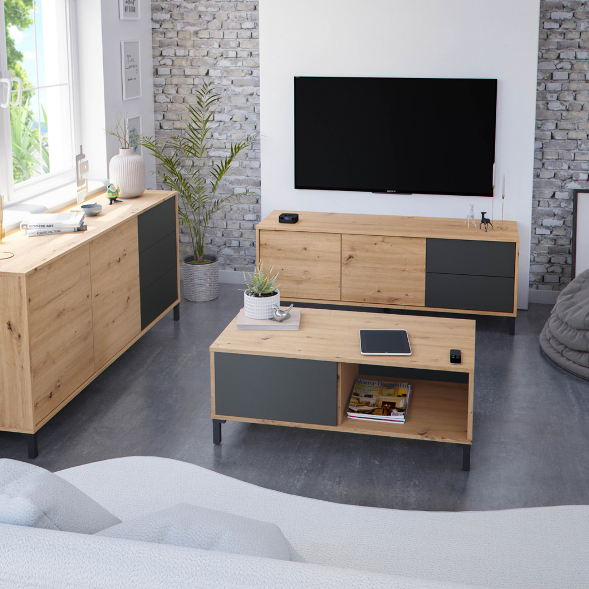 Mesa Centro Auxiliar 40x100x50 Cm Gris Antracita Y Roble Nodi