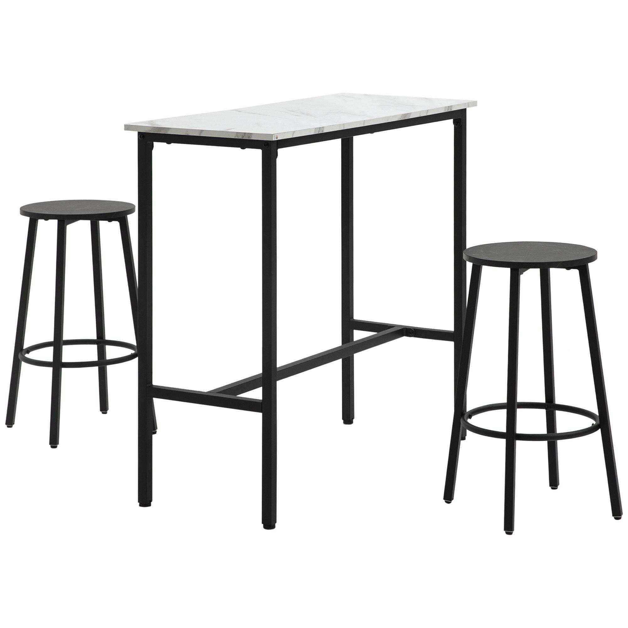 Juego de Mesa de Comedor Mesa Alta de Bar con 2 Taburetes Redondo 3 Piezas Marco de Acero Estilo Moderno para Cocina Salón Blanco y Negro