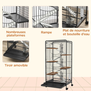 Cage pour petits animaux roulante 5 rampes 5 plateformes gamelle distributeur eau plateau amovible métal PP noir
