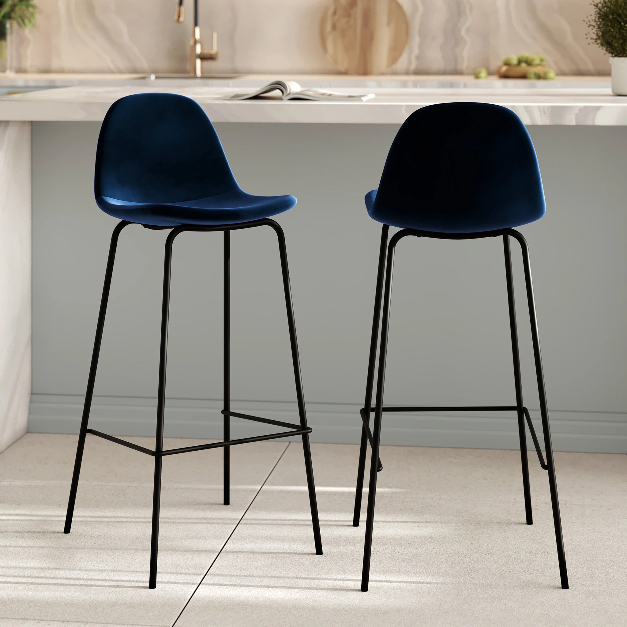 Lot de 2 chaises de bar en velours bleu foncé 75 cm - Henrik