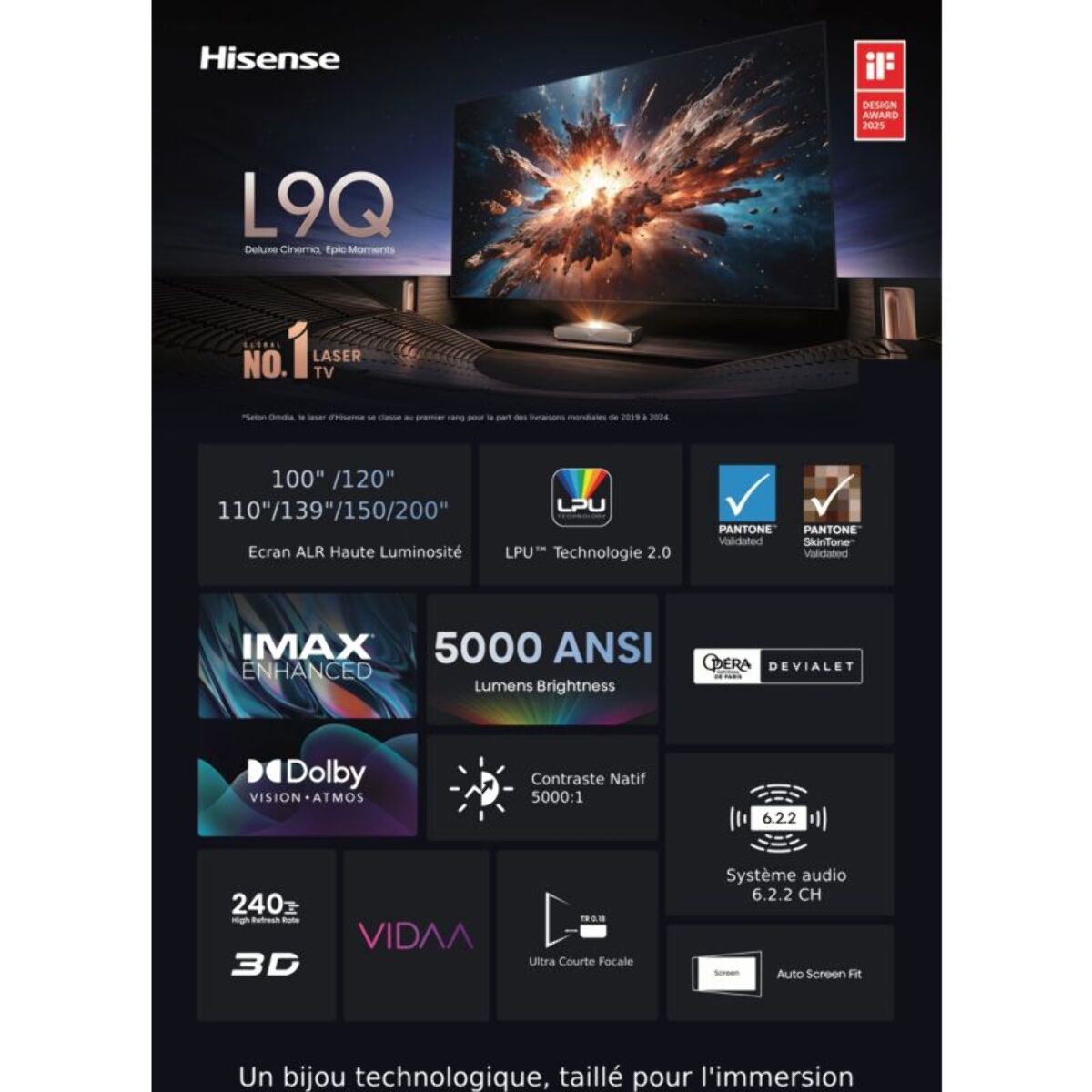 Vidéoprojecteur home cinéma HISENSE L9Q 2025 - 4K Ultra HD Triple Laser - 5000 lumens - Ultra Courte Focale