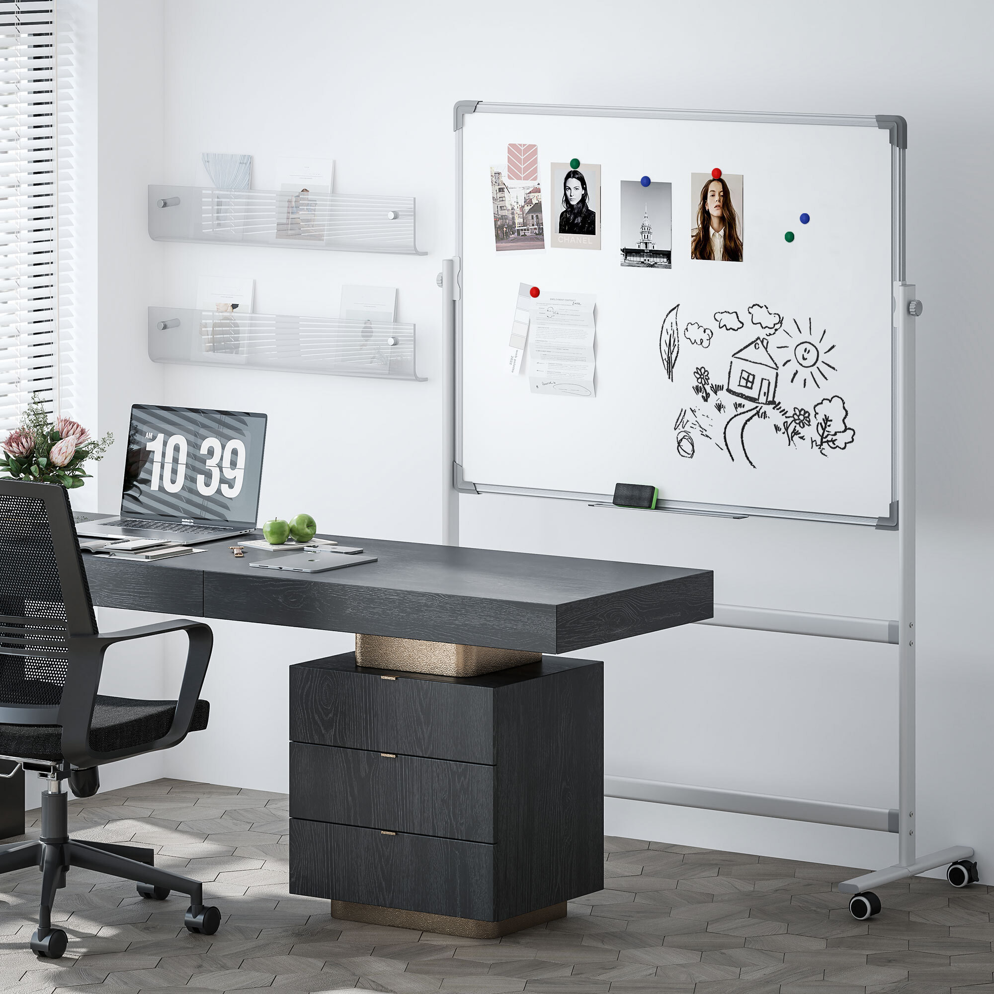 Pizarra Blanca Móvil de Doble Cara, 120x90 cm, Pizarra Blanca Magnética Giro de 360 °, con Soporte, Tablero Inclinado en 3 Niveles, Marco de Aluminio, Ruedas, Rotuladores, Imanes, Borrador