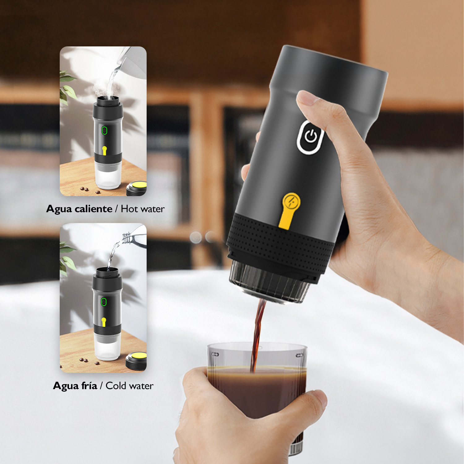 Cafetera portátil de cápsulas KF-JN-01, con batería recargable de 7500mAh. Compatible con cápsulas y café molido.