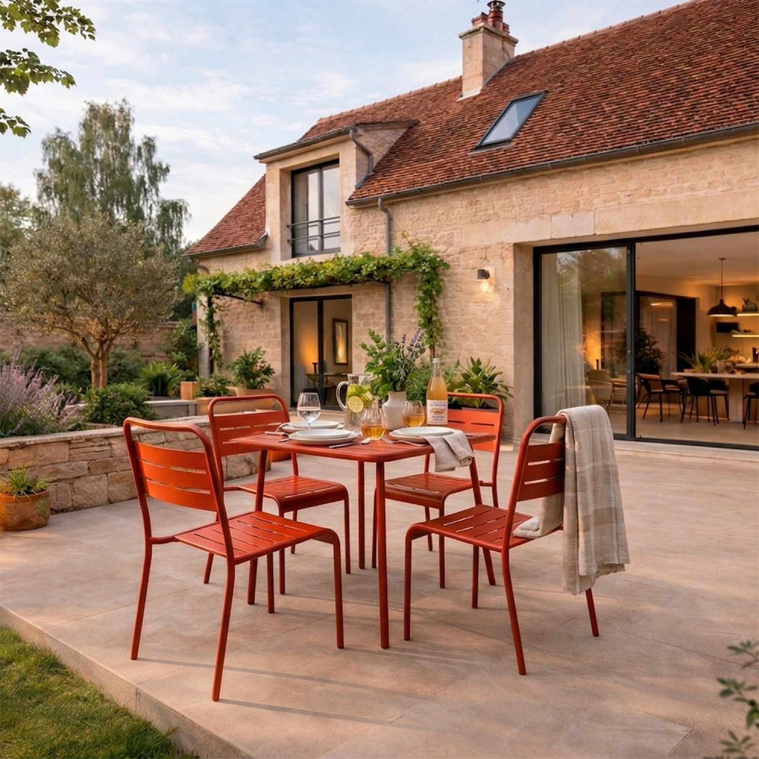 Ensemble table de jardin carrée 70cm et 4 chaises terracotta EVORA