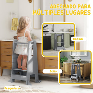 Torre de Aprendizaje Taburete de Aprendizaje para Niños de +3 Años con Pedal Altura Ajustable en 3 Niveles y Barrera de Seguridad para Baño Cocina 45x47,5x91 cm Gris
