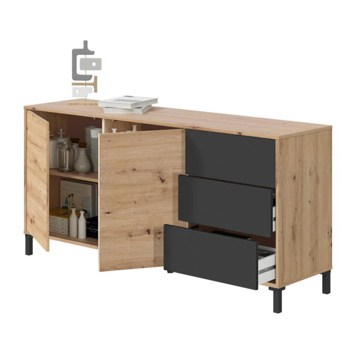 Aparador 2 Puertas 3 Cajones 74x154x41 Cm Gris Antracita Y Roble Nodi