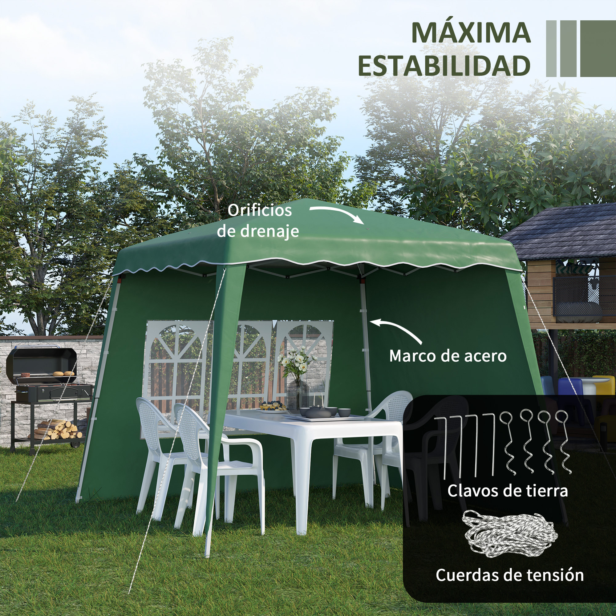 Carpa Plegable con 2 Paredes Laterales 2,89x2,89 m Cenador Pabellón de Jardín con Altura Ajustable y Bolsa de Transporte Protección UV50+ para Exterior Patio Verde