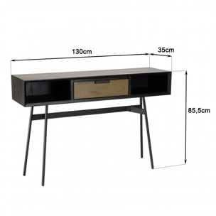 ALMA - Console noire 130x35cm 2 niches 1 tiroir marron foncé pieds métal noir