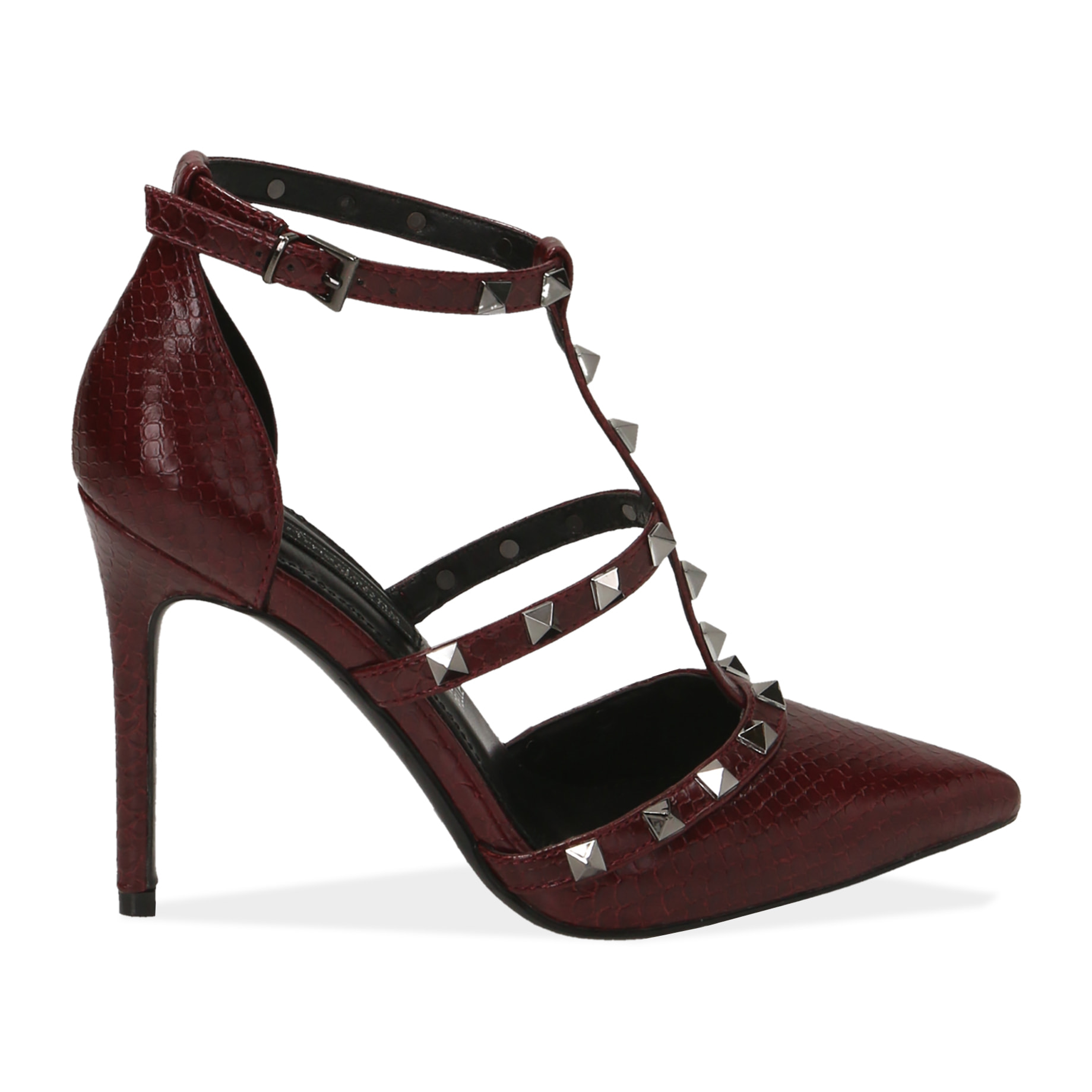 Zapatos de tacón burdeos con estampado de víbora, tacón 10,50 cm