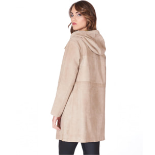 Cappotto in pelle camoscio beige verde con cappuccio