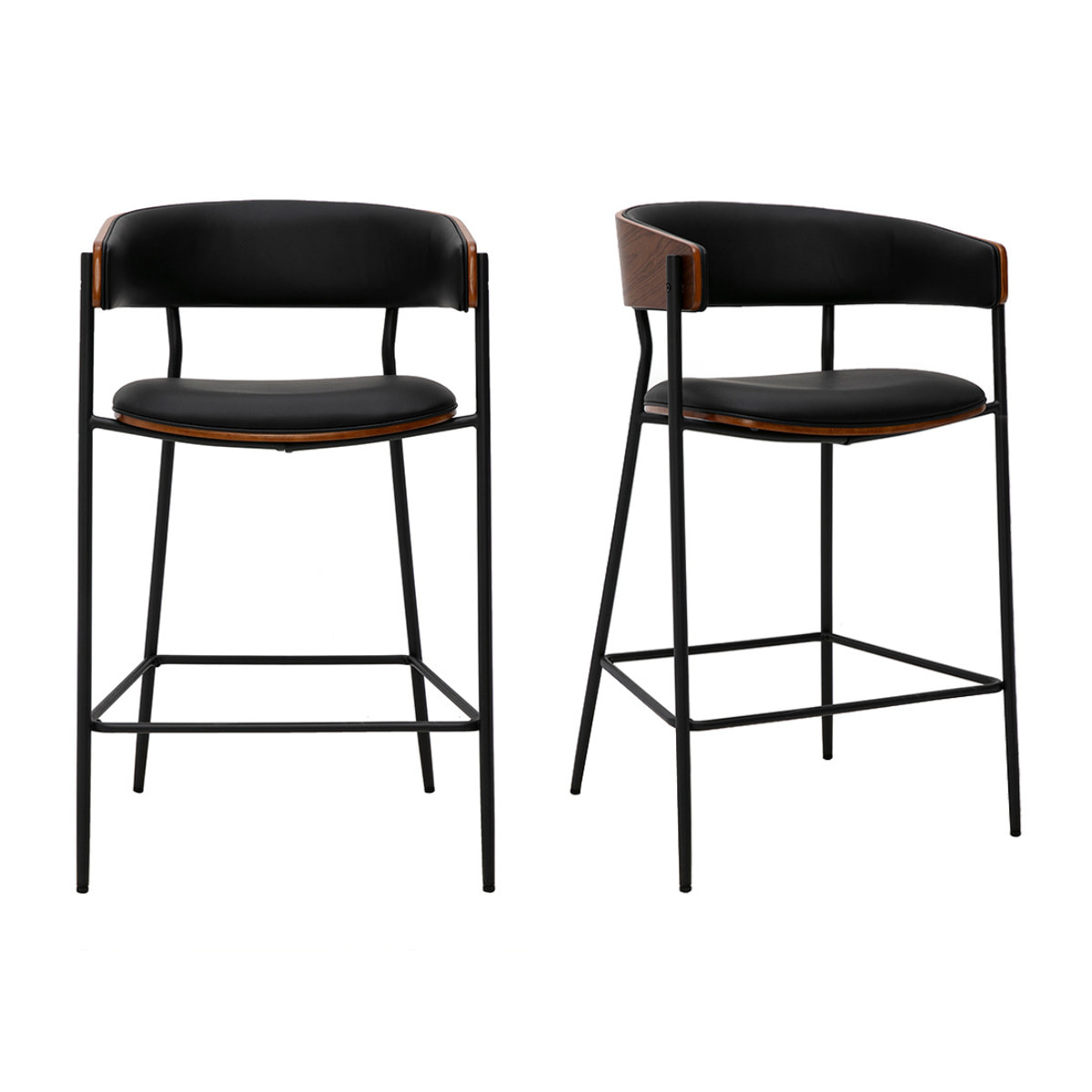 Tabourets de bar design noirs et bois foncé noyer H66.5 cm (lot de 2) DANTE