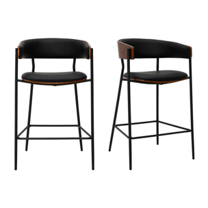 Tabourets de bar design noirs et bois foncé noyer H66.5 cm (lot de 2) DANTE