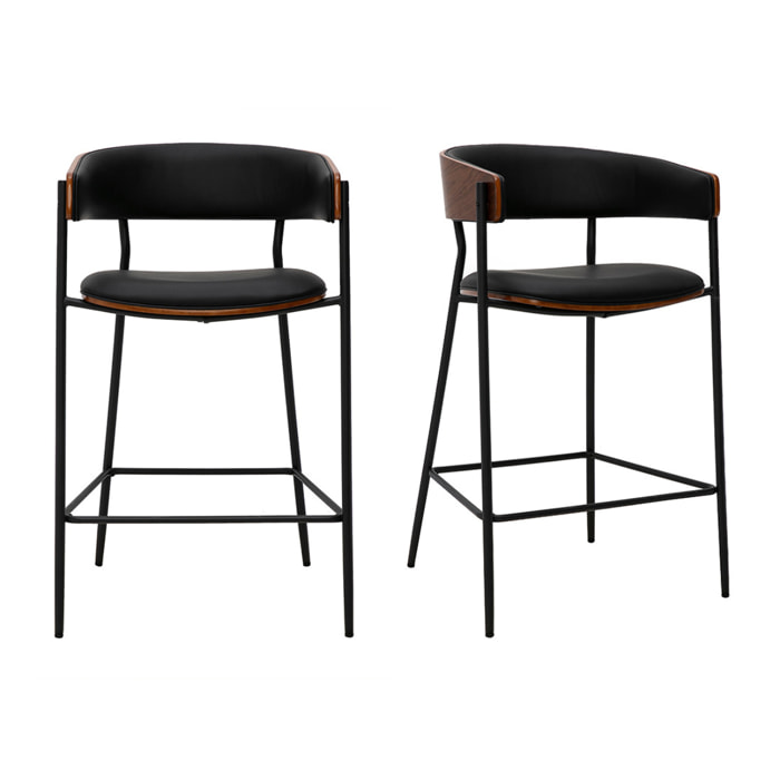 Tabourets de bar design noirs et bois foncé noyer H66.5 cm (lot de 2) DANTE