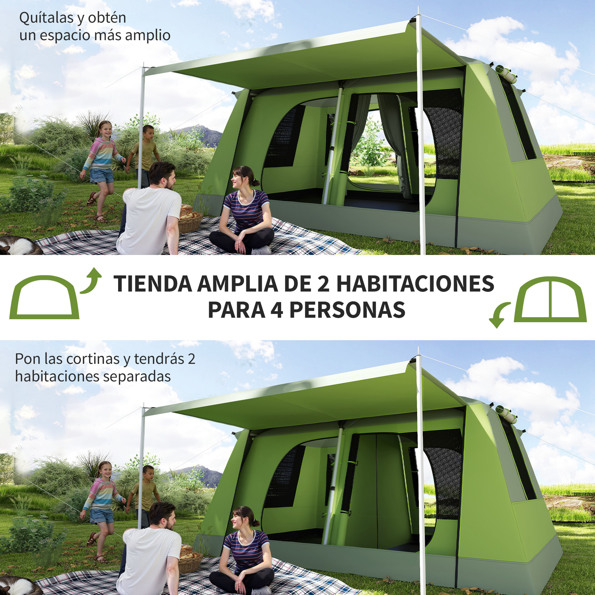 Outsunny Tienda de Campaña Familiar para 4 Personas Tienda de Camping con Mosquitera Gancho y Bolsa de Transporte Anti-UV para Pescar Senderismo Impermeable 2000 mm 405x305x225 cm Verde
