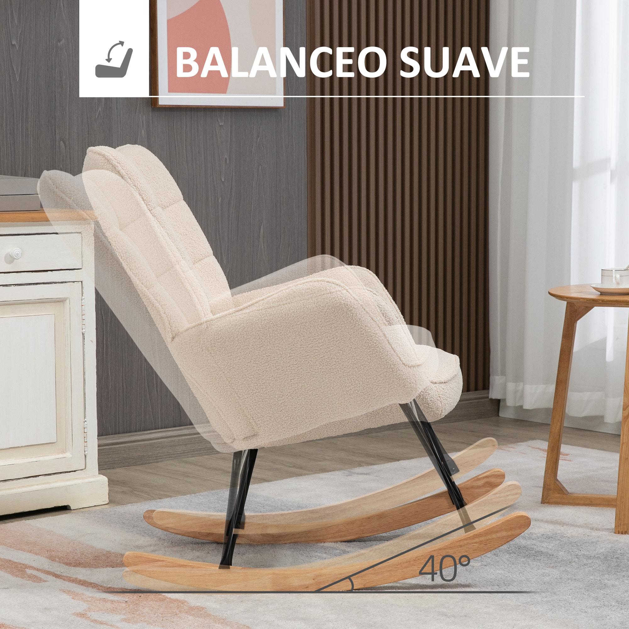 Mecedora de Borreguito Silla Mecedora con Patas de Madera de Haya y Marco de Acero Mecedora para Lactancia Carga 120 kg para Dormitorio Salón Beige