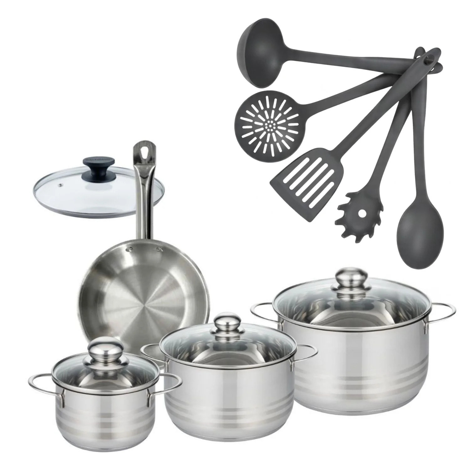 Set poêle en inox et couvercle, faitouts inox et ustensiles Fackelmann Eterna