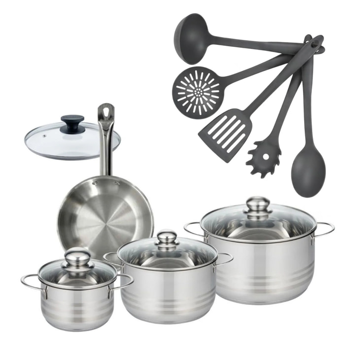 Set poêle en inox et couvercle, faitouts inox et ustensiles Fackelmann Eterna