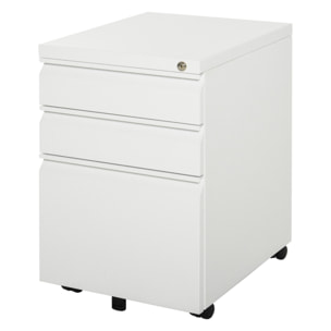 Cajonera de Oficina Mueble Archivador de Acero con 4 Ruedas 3 Cajones Cerradura y 2 Llaves para Tamaño A4 Carta para Estudio Salón 39x48x60 cm Blanco