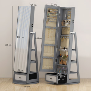 Espejo Joyero con Luces LED, Armario para Joyas, Armario Joyero con Espejo Entero, Giratorio de 360°, Cajón, Cerradura, Estantes Abiertos, Soporte para Secador, Gris Claro