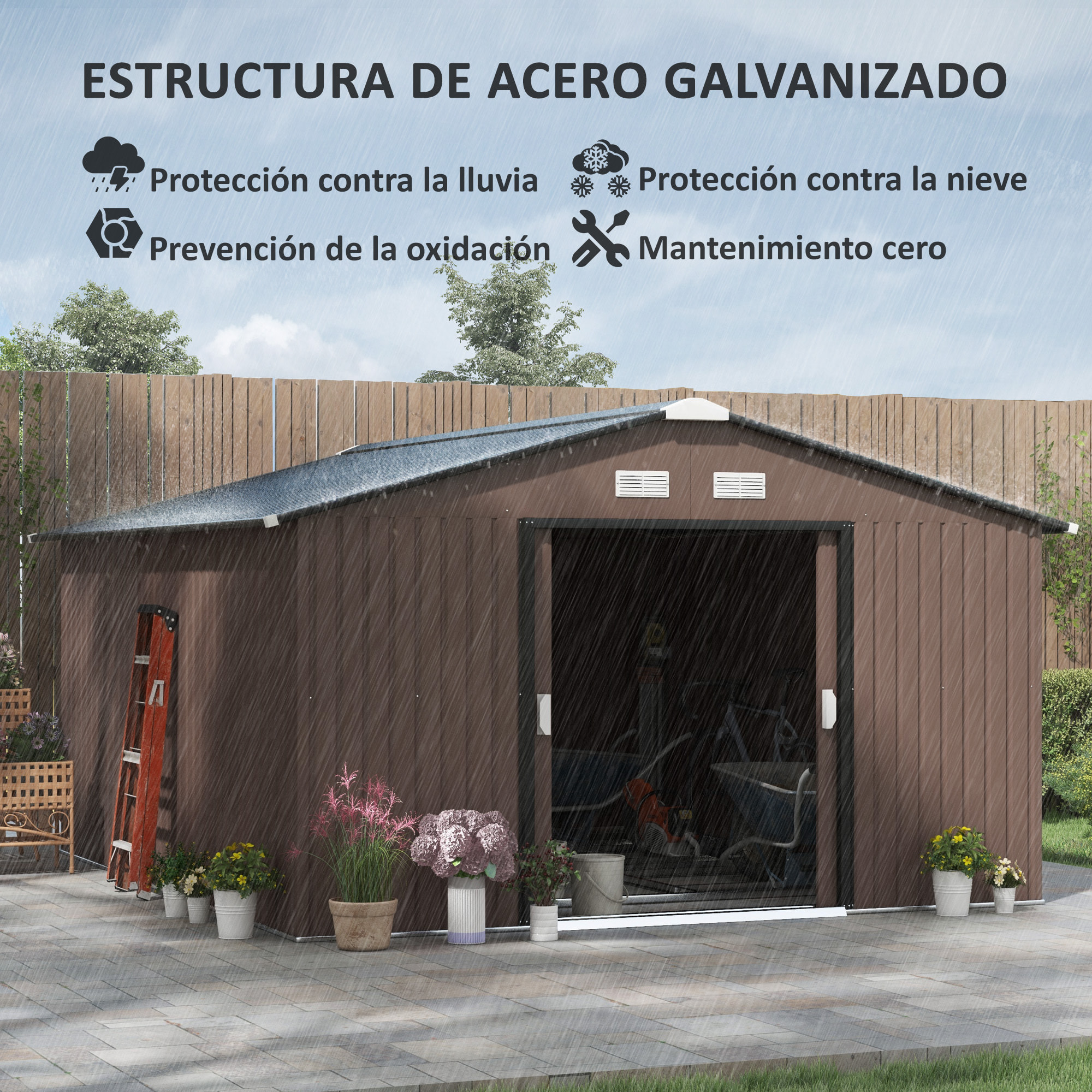 Caseta de Jardín Exterior, 12,4 m² 340x386x200 cm, Cobertizo de Jardín Exterior Metálico con Puerta Corredera, Base Refuerzo (Suelo NO Incluido) y Ventanas Marrón