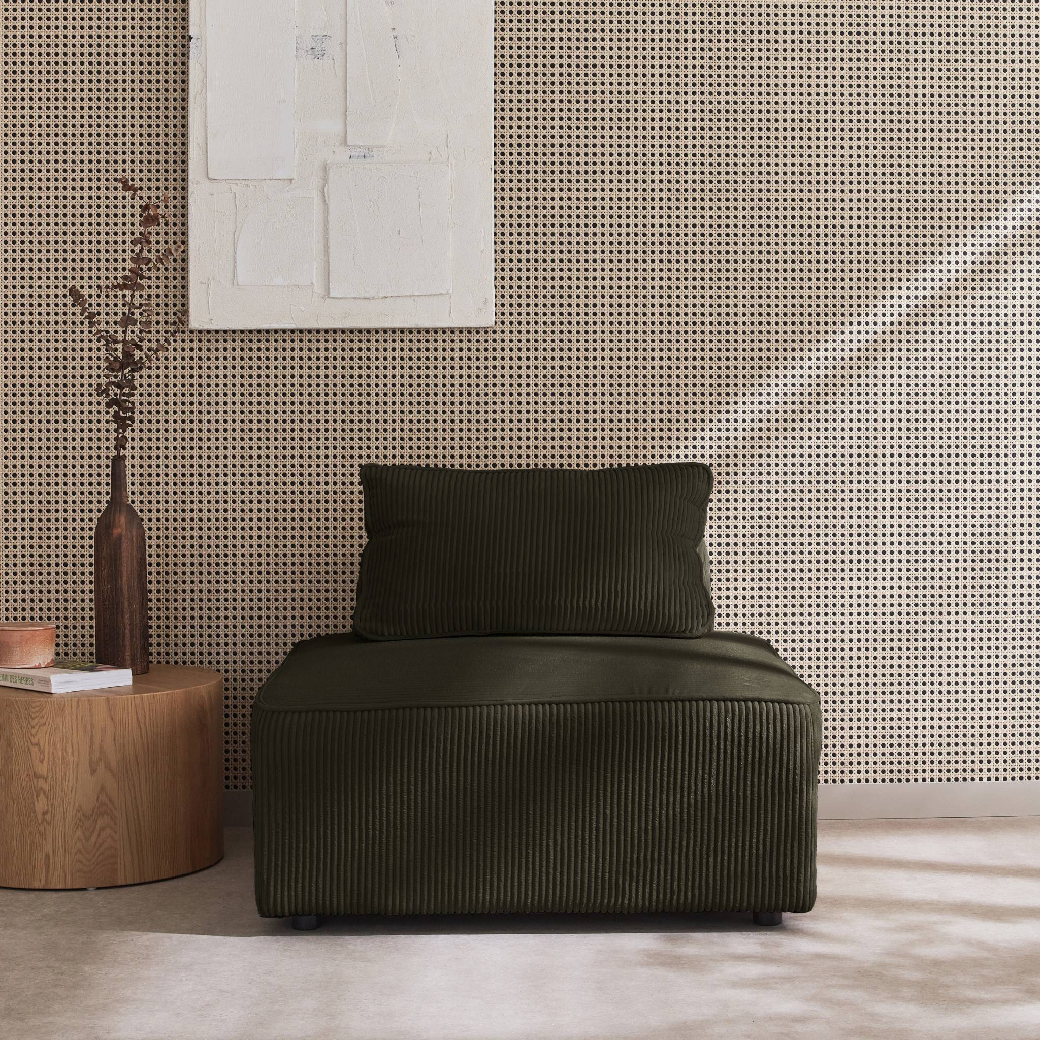Chauffeuse pour canapé modulable velours côtelé vert foncé avec un coussin