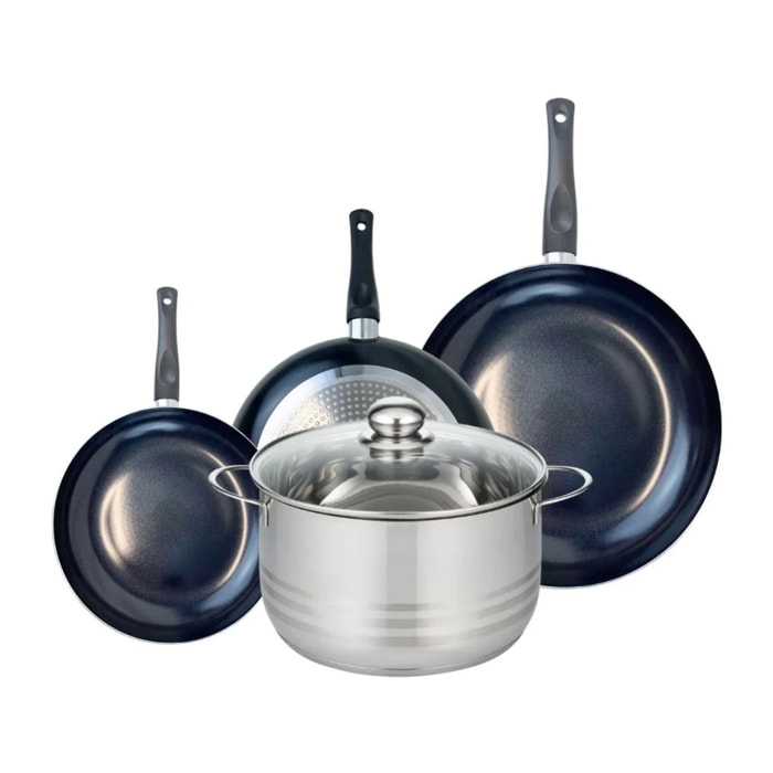 Ensemble de 3 Poêles de cuisson 20, 24 et 28 cm et 1 faitout 24 cm Elo Prima Brillant