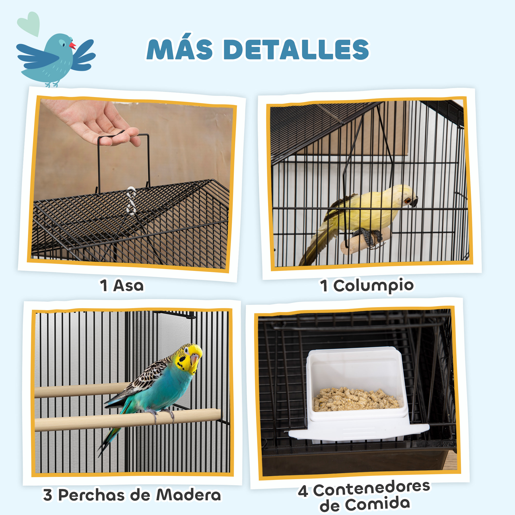 Jaula para Pájaros de Acero Pajarera con Comederos Perchas Columpio y Bandeja Extraíble Jaula Grande para Loros Canario Periquito 50,5x41x104 cm Negro