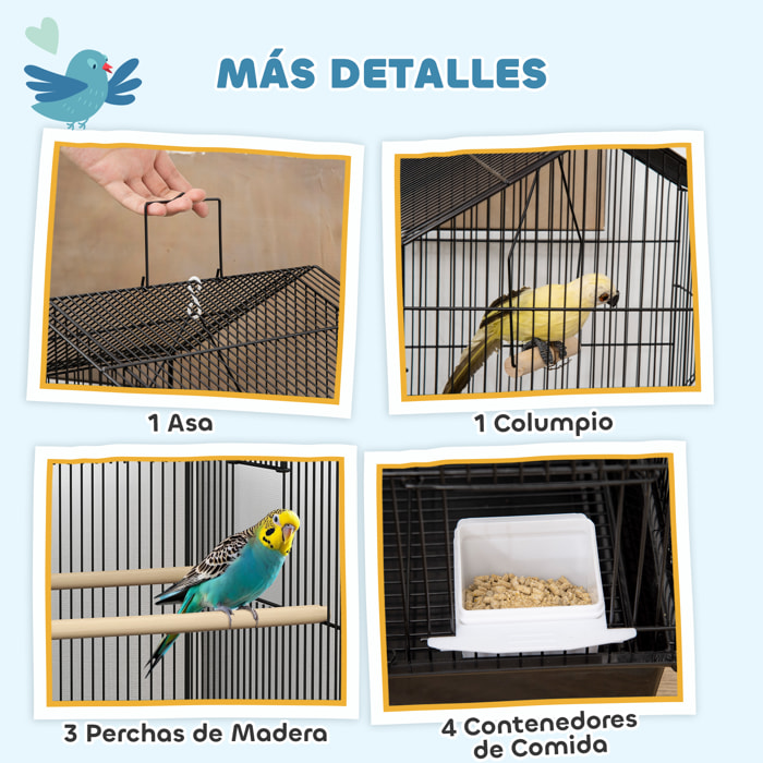 Jaula para Pájaros de Acero Pajarera con Comederos Perchas Columpio y Bandeja Extraíble Jaula Grande para Loros Canario Periquito 50,5x41x104 cm Negro