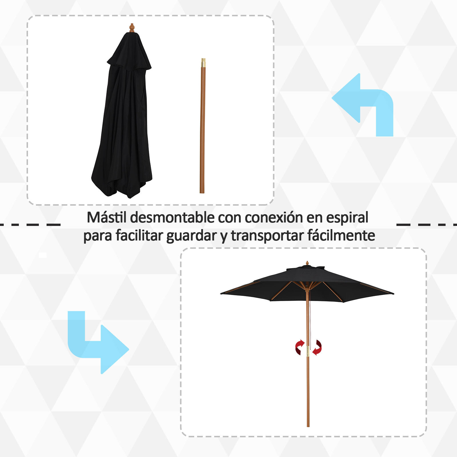 Sombrilla Parasol de Madera Ø250x230cm para Exterior con 6 Varillas Sistema de Cuerda con Fijación Desmontable Portátil Fácil de Guardar y Transportar Negro