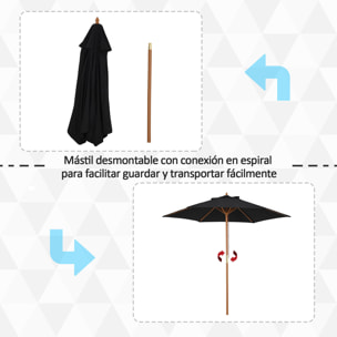Sombrilla Parasol de Madera Ø250x230cm para Exterior con 6 Varillas Sistema de Cuerda con Fijación Desmontable Portátil Fácil de Guardar y Transportar Negro