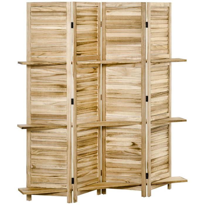 Paravent intérieur 4 panneaux 3 étagères pliables séparateur de pièce portes persiennes bois de paulownia aspect pin autoclave