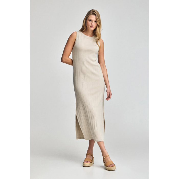 Vestito lungo beige e a coste con monogramma ricamato